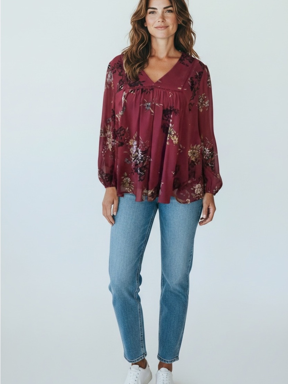 17 John Paul Richard Burgundy Floral Boho Blouse